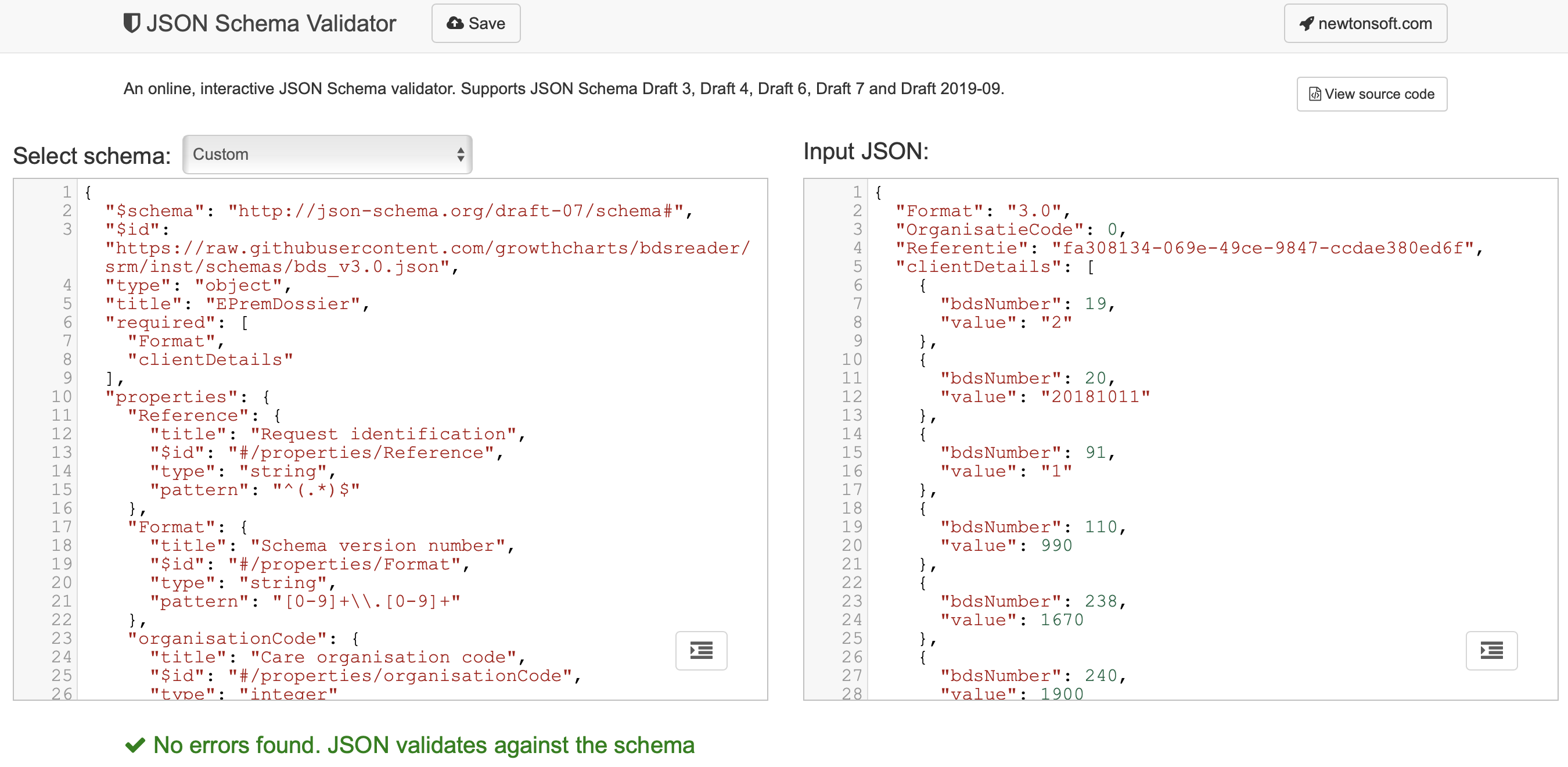 Manual validation of a child dataset (right side) according JSON schema bds_v3.0.json.